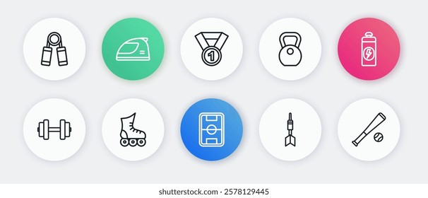 Set line Football field, Fitness shaker, Dumbbell, Dart arrow, Weight, Medal, Baseball bat with and Roller skate icon. Vector