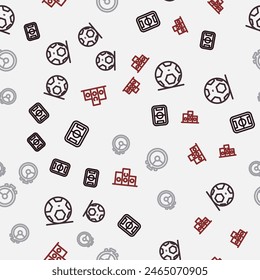 Set line Football field, Soccer football, Stopwatch and Award over sports winner podium on seamless pattern. Vector