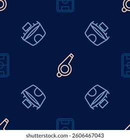 Set line Football field, Stadium and Whistle on seamless pattern. Vector