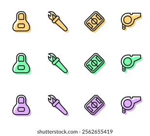 Set line Football field, Weight, Torch flame and Whistle icon. Vector