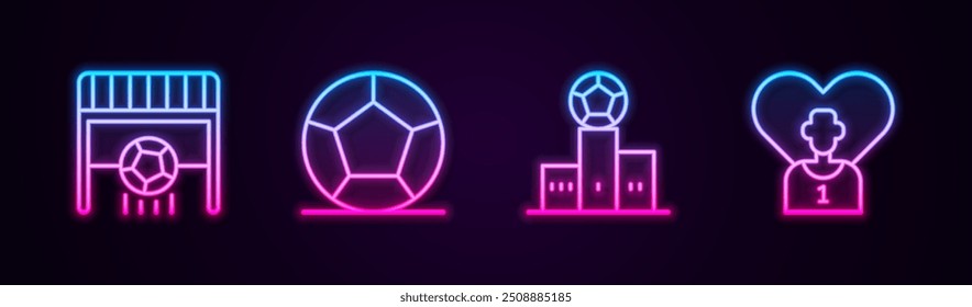 Set line Football goal with ball, Soccer football, Award over sports winner podium and soccer player. Glowing neon icon. Vector