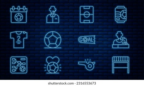 Set line Football goal, player press conference, field, Soccer football, jersey and t-shirt, or soccer calendar, Goal and commentator icon. Vector