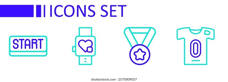 Set line Football jersey and t-shirt, Medal, Smart watch with heart and Ribbon in finishing line icon. Vector