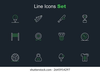 Set line Football jersey and t-shirt, Racket, Weight, Volleyball, Billiard pool snooker, Medal, with star and net icon. Vector