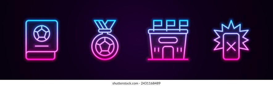 Set line Football learning book, or soccer medal, stadium and Red card football. Glowing neon icon. Vector
