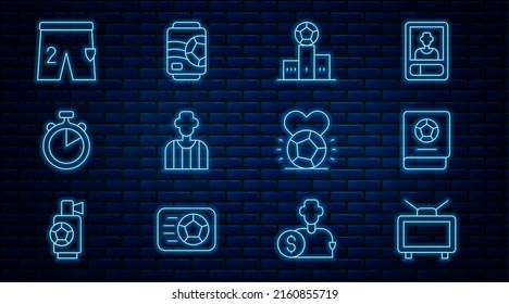 Set Line Football Match On TV, Learning Book, Award Over Sports Winner Podium, Soccer Referee, Stopwatch, Shorts For Playing Football, Soccer And Beer Can Icon. Vector