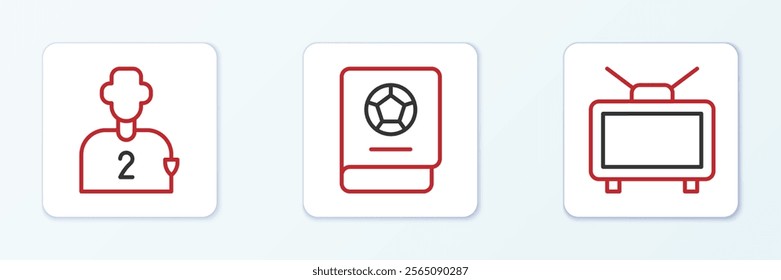 Set line Football match on TV, or soccer player and learning book icon. Vector