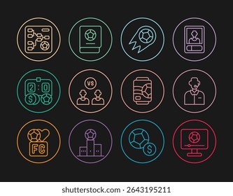 Set line Football match on TV, or soccer commentator, Soccer football, player, betting money, Championship tournament bracket, Beer can and learning book icon. Vector