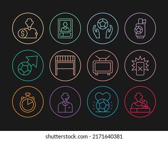 Set line Football player press conference, Red card football, Soccer, goal, Buy, match TV and or soccer icon. Vector