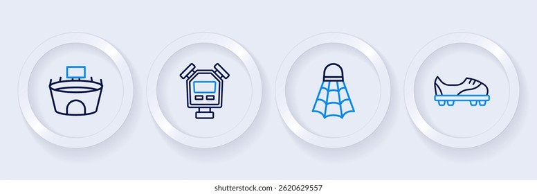 Set line Football shoes, Badminton shuttlecock, Stopwatch and Stadium icon. Vector