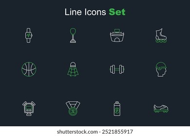 Set line Zapatos de fútbol, agitador de la aptitud, medalla, cronómetro, casco de béisbol, mancuerna, bádminton shuttlecock e icono de baloncesto. Vector