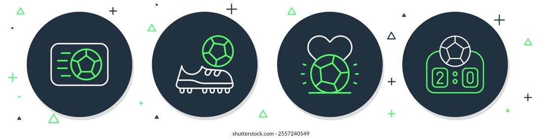 Set line Football shoes, Soccer football,  and Sport mechanical scoreboard icon. Vector