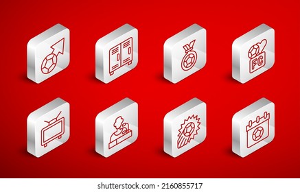 Set line Football or soccer calendar, Locker changing room, medal, Fan club football, Soccer, player press conference and match TV icon. Vector