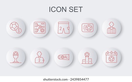Set line Football or soccer calendar, Award cup and football, Shorts for playing, over sports winner podium, Soccer, Championship tournament bracket, player and Goal icon. Vector