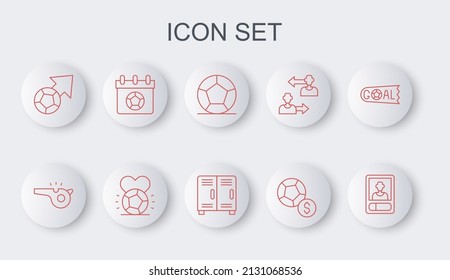 Set line Football or soccer card, Whistle, Soccer football, calendar, and Locker changing room icon. Vector