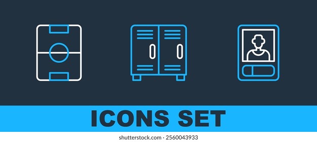 Set line Football or soccer card, field and Locker changing room icon. Vector