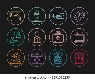 Set line Football or soccer card, match on TV, Goal football, referee, Substitution player, First aid kit and Award cup and icon. Vector