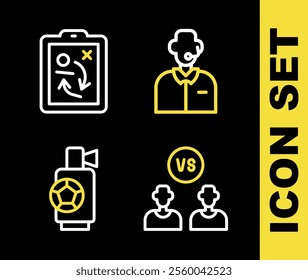 Set line Football or soccer commentator, player, Air horn and Planning strategy concept icon. Vector