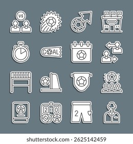 Set line Football or soccer commentator, Soccer football, Substitution player, Goal, Stopwatch,  and calendar icon. Vector