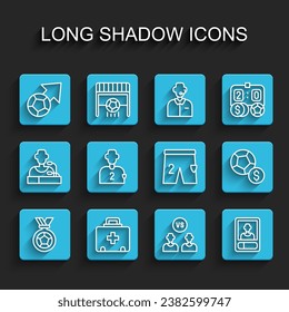Set line Football or soccer medal, First aid kit, Soccer football, player, card,  and Shorts for playing icon. Vector