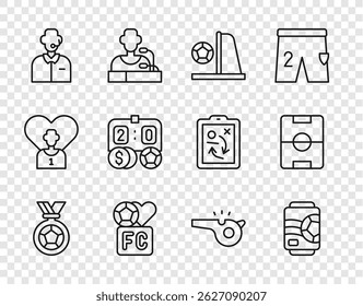 Set line Football or soccer medal, Beer can, goal with, Fan club football, commentator, betting money, Whistle and field icon. Vector