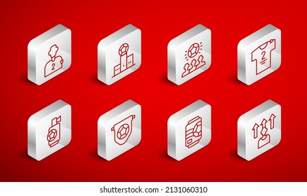 Set line Football or soccer player, Award over sports winner podium, Soccer football, jersey and t-shirt, Beer can, flag pennant and Air horn icon. Vector