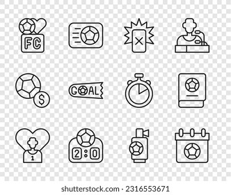 Set line Football or soccer player, calendar, Red card football, Sport mechanical scoreboard, Fan club, Goal, Air horn and learning book icon. Vector
