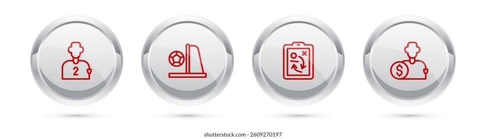 Set line Football or soccer player, goal with, Planning strategy concept and Buy football. Silver circle button. Vector