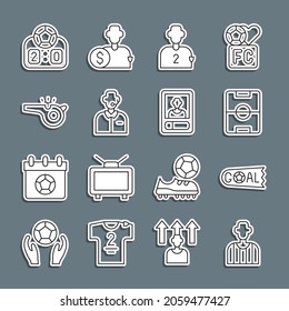 Set line Football or soccer referee, Goal football, field, player, commentator, Whistle, Sport mechanical scoreboard and card icon. Vector