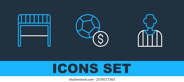 Set line Football or soccer referee, goal and Soccer football icon. Vector