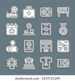 Set line Football or soccer ticket, Championship tournament bracket, medal, Soccer football, Award over sports winner podium, calendar, shoes and field icon. Vector