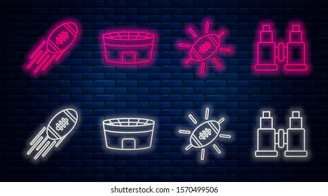Set line Football stadium, American Football ball, American Football ball and Binoculars. Glowing neon icon on brick wall. Vector