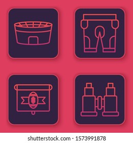 Set line Football stadium, American football on tv program, American football shorts and Binoculars. Blue square button. Vector