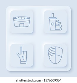 Set line Football stadium, American Football ticket and paper glass soda, Number 1 one fan hand glove with finger raised and Football club logo template. White square button. Vector