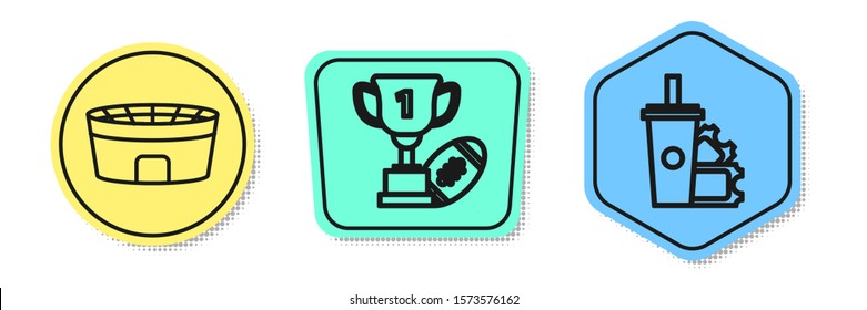 Set line Football stadium, Award cup and American football ball and American Football ticket and paper glass soda with drinking straw. Colored shapes. Vector