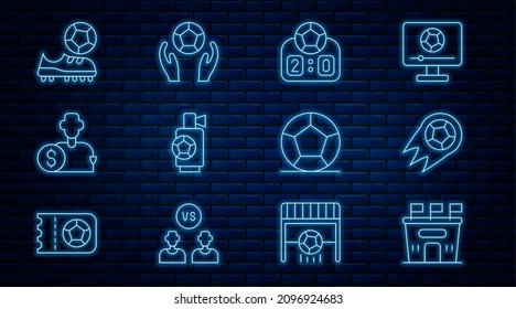 Set line Football stadium, Soccer football, Sport mechanical scoreboard, Air horn, Buy player, shoes,  and  icon. Vector