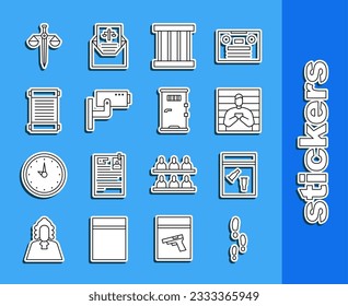 Fijar pasos de línea, bolsa de evidencia y bala, sospechoso criminal, ventana de prisión, cámara de seguridad, decreto, papel, pergamino, pergamino, escalas de justicia e icono de puerta celular. Vector