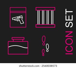 Set line Footsteps, Inkwell, Prison window and Evidence bag and pistol or gun icon. Vector