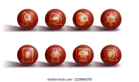 Set line Footsteps, Law book, Hexagram sheriff, Scales of justice, Judge,  and Fingerprint icon. Vector