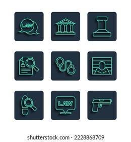 Set line Footsteps, Location law, Pistol or gun, Stamp, Handcuffs, Paper analysis magnifying, Law and Prisoner icon. Vector