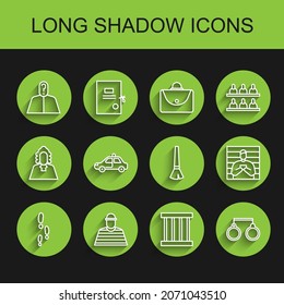Set line Footsteps, Prisoner, Anonymous with question mark, window, Handcuffs, Police car flasher, Suspect criminal and Paint brush icon. Vector