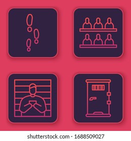 Set line Footsteps, Suspect criminal, Jurors and Prison cell door. Blue square button. Vector