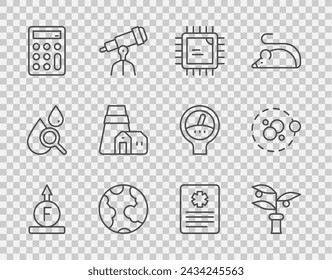 Set line Force of physic formula, Plant breeding, Processor CPU, Earth globe, Calculator, Power station plant, Patient record and Atom icon. Vector