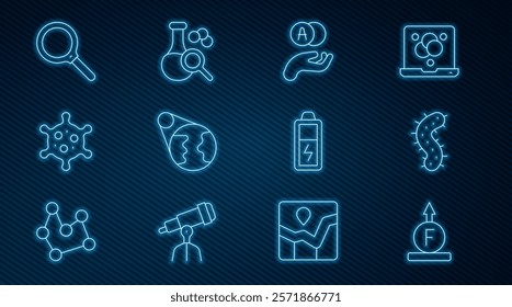 Set line Force of physic formula, Virus, Atom, Earth globe, Magnifying glass, Battery and Test tube icon. Vector