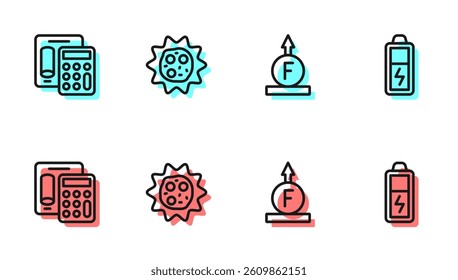 Set line Force of physic formula, Calculator, Virus and Battery icon. Vector