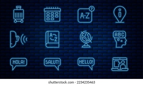 Línea Estudios en línea en idiomas extranjeros, Aprendizaje de idiomas extranjeros, Traductor en línea, Libro de traductores, Señal de sonido Ear Escuchar, Maleta, globo terrestre e icono del horario escolar. Vector