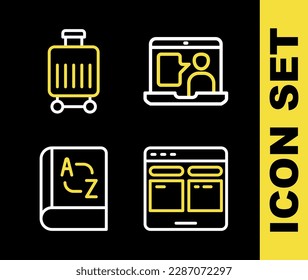 Set line Foreign language online study, Online translator, Translator book and Suitcase icon. Vector