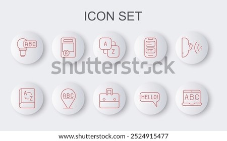 Set line Foreign language online study, Translator book, Vocabulary, Hello different languages, Creative lamp light idea, Exam sheet with A plus grade, Alphabet and Briefcase icon. Vector