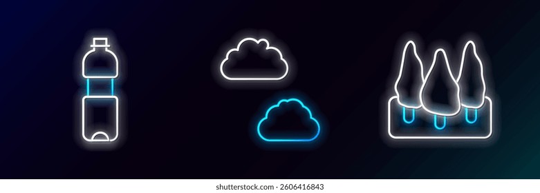 Set line Forest, Bottle of water and Cloud icon. Glowing neon. Vector
