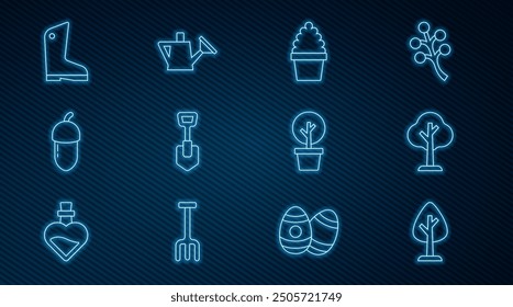 Set line Forest, Cactus peyote en maceta, pala, bellota, guantes de goma, y el icono de la regadera. Vector